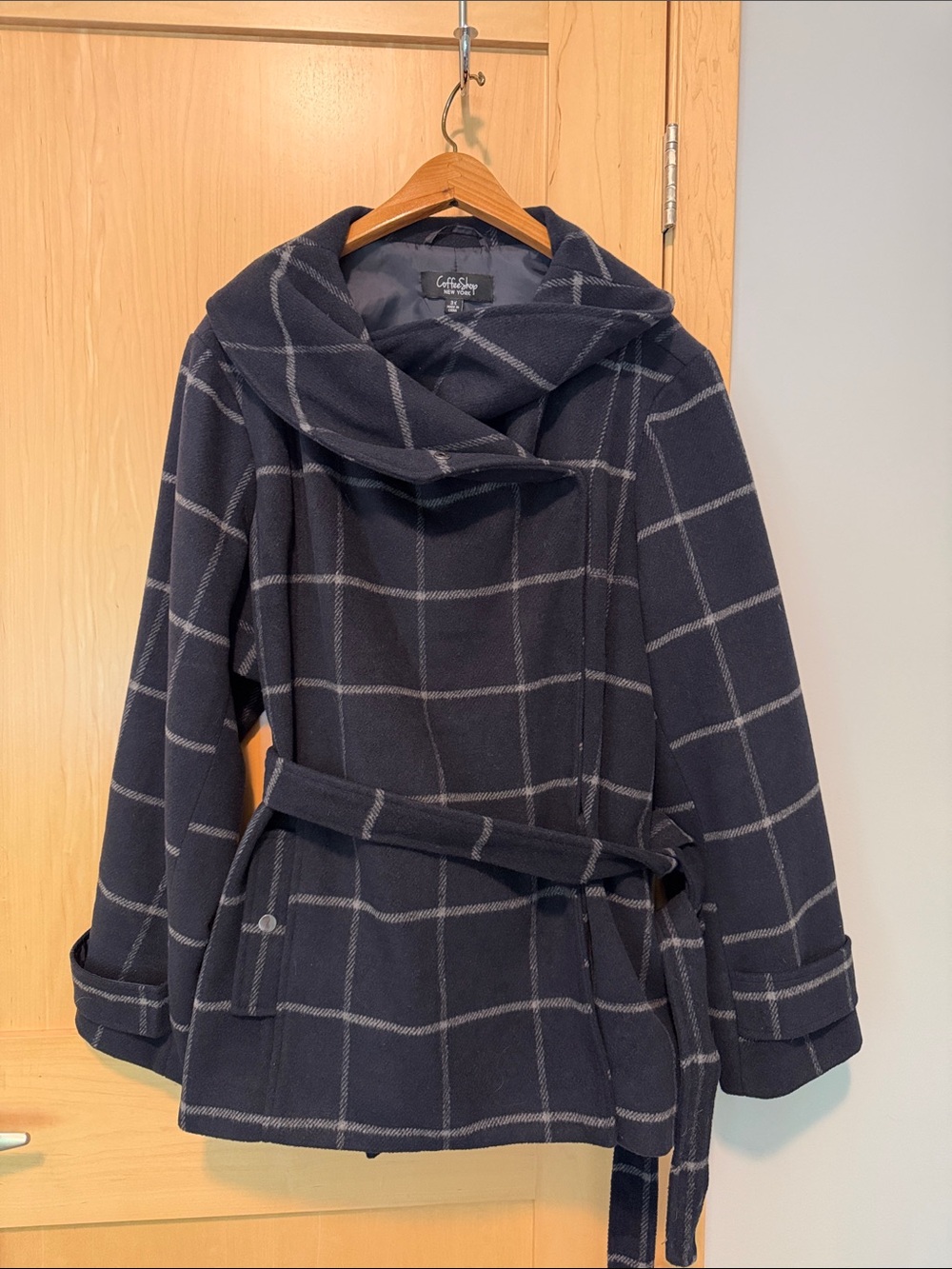 CoffeeShop Navy Windowpane Belted Pea Coat
